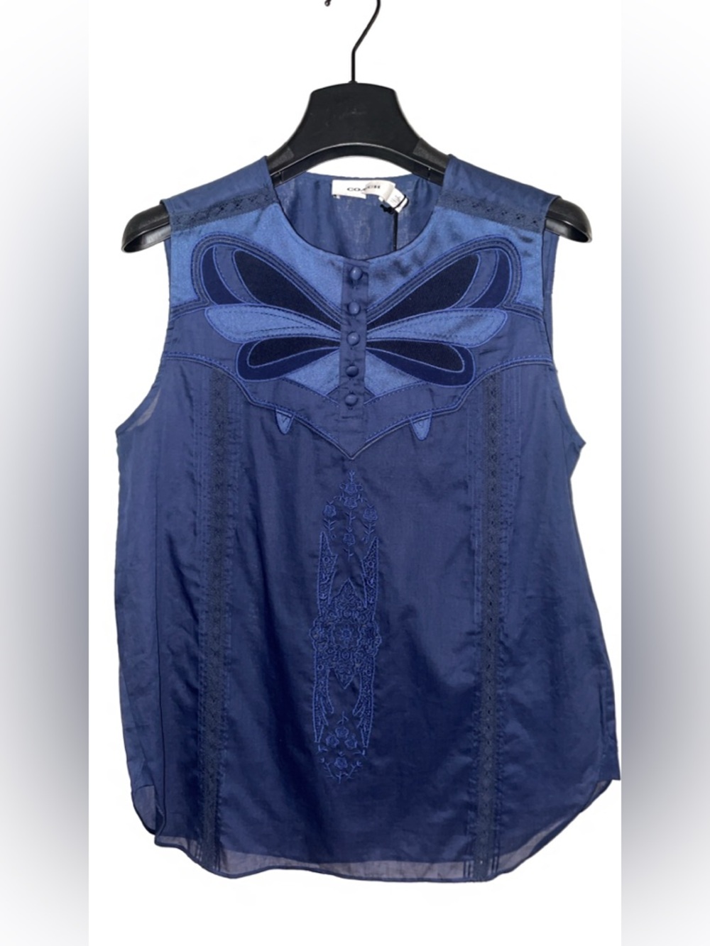 Coach Navy Blue Embroidered Sleeveless Top